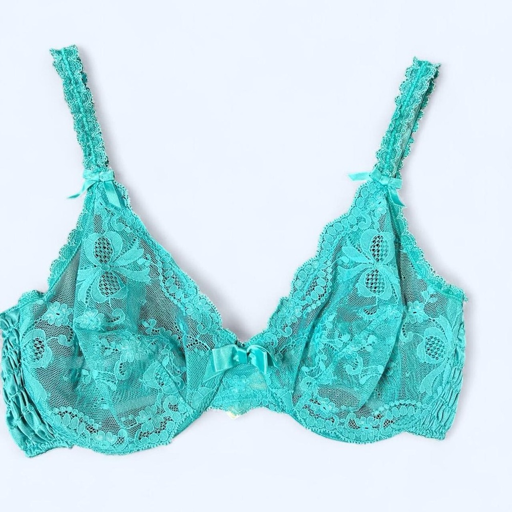 Vintage Gold Label Victorias Secret Lace Bra Bows Teal 36C Coquette Lingerie